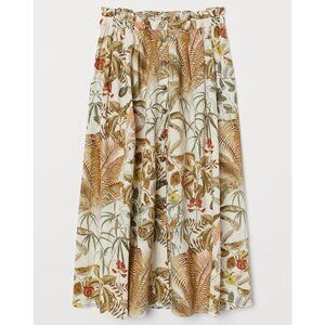 NWT H&M Beige Leaf Tropical Printed Linen Blend Midi Skirt